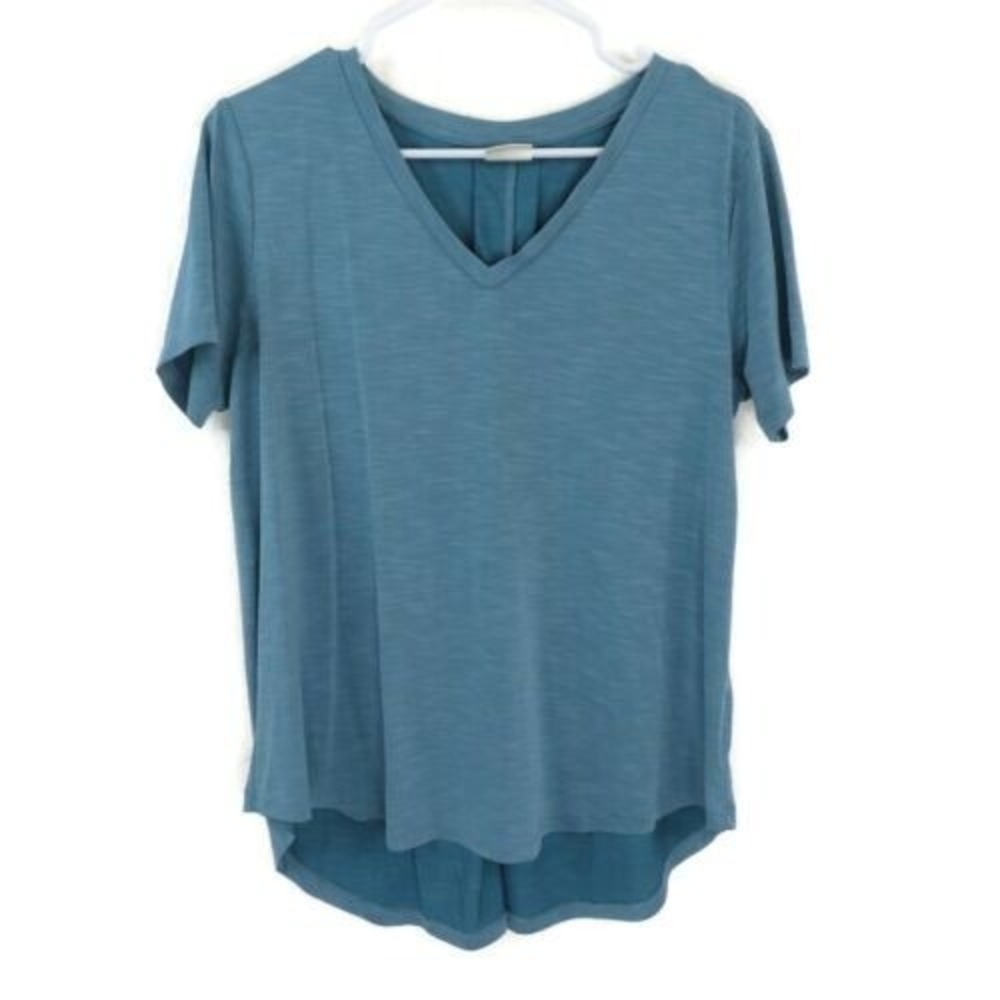 Mod Ref Small Blue V Neck Pleated Back Short Sleeve Tunic High Low Blouse‎ Shirt
